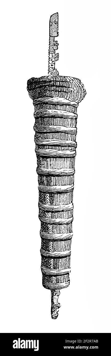 Antike Gravur polynesischer Artefakte. Illustration erschienen in Systematischer Bilder-Atlas zum Conversations-Lexikon, Ikonographische Encyklopae Stockfoto