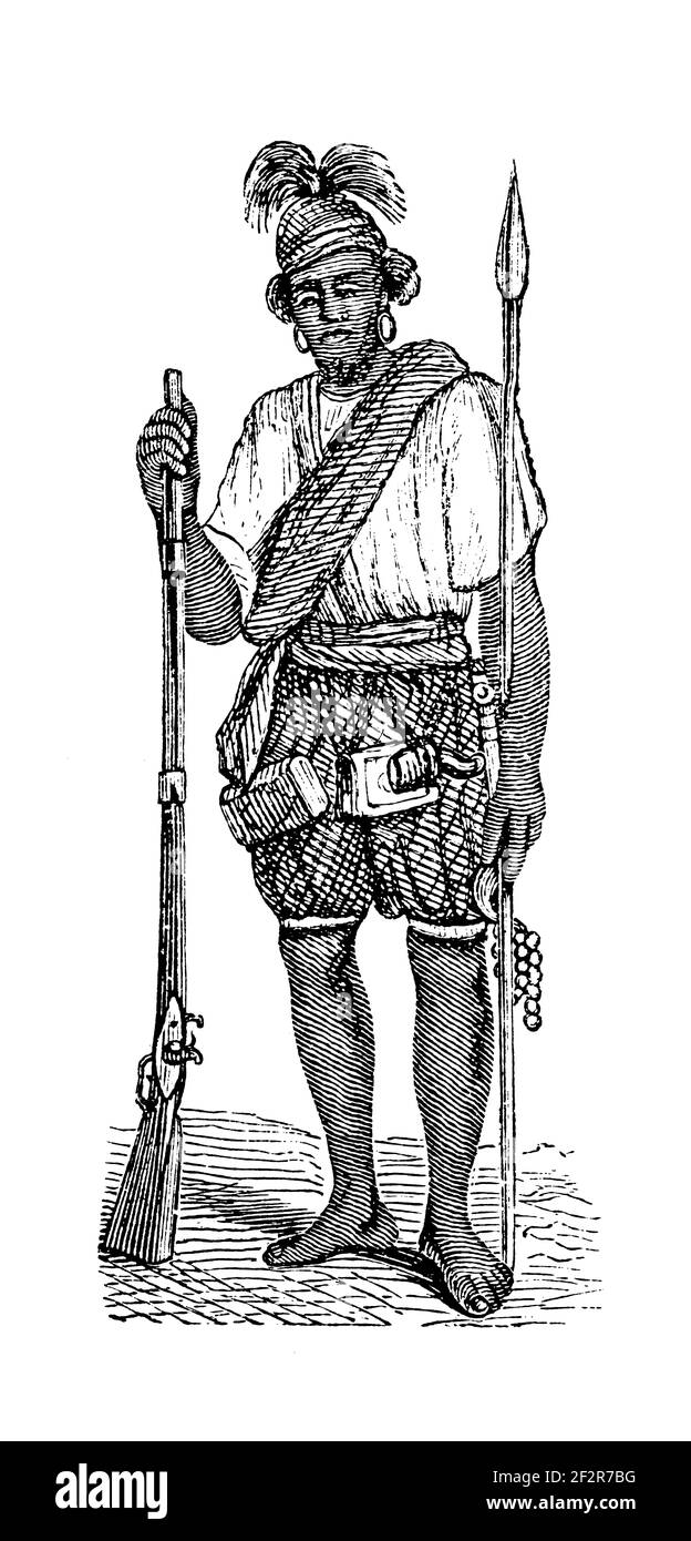 19th-Jahrhundert Gravur eines Fula-Kriegers. Illustration erschienen in Systematischer Bilder-Atlas zum Conversations-Lexikon, Ikonographische Encyklopaed Stockfoto