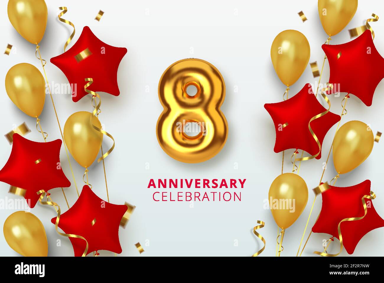 8 Jubiläumsfeier Zahl in Form Stern aus goldenen und roten Luftballons. Realistische 3D Goldzahlen und funkelndes Konfetti, Serpentin. Vektor Stock Vektor