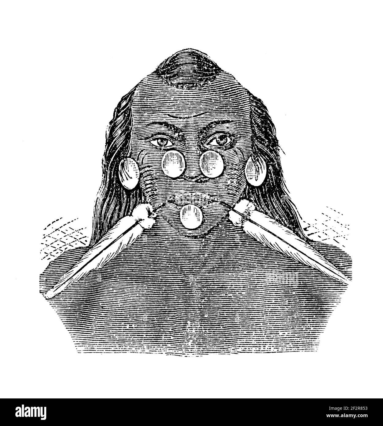 Antiker 19th-Jahrhundert Stich des Chefs des Maxurana Stammes. Illustration erschienen in Systematischer Bilder-Atlas zum Conversations-Lexikon, Ikonog Stockfoto