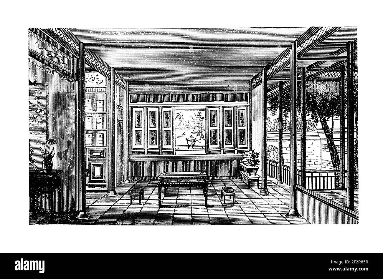 Antike 19th-Jahrhundert-Gravur des Wohnzimmers der reichen chinesischen Familie. Illustration veröffentlicht im Systematischen Bilder-Atlas zum Conversations-Lexikon, Stockfoto