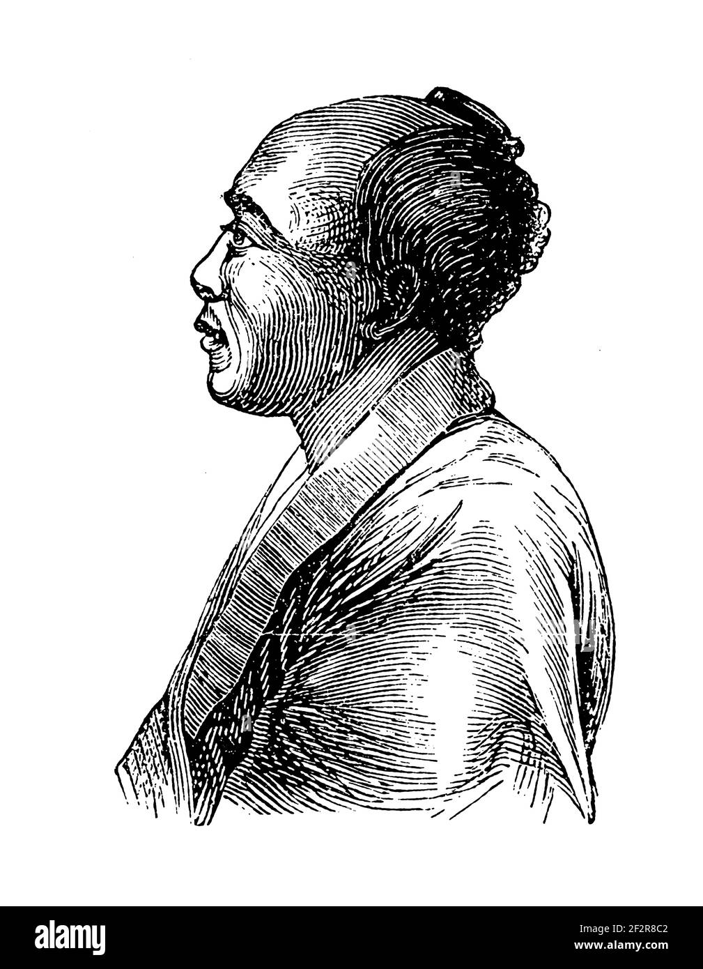 Antike 19th-Jahrhundert-Illustration von japanischen Männern. Gravur veröffentlicht in Systematischer Bilder-Atlas zum Conversations-Lexikon, Ikonographische Encyk Stockfoto