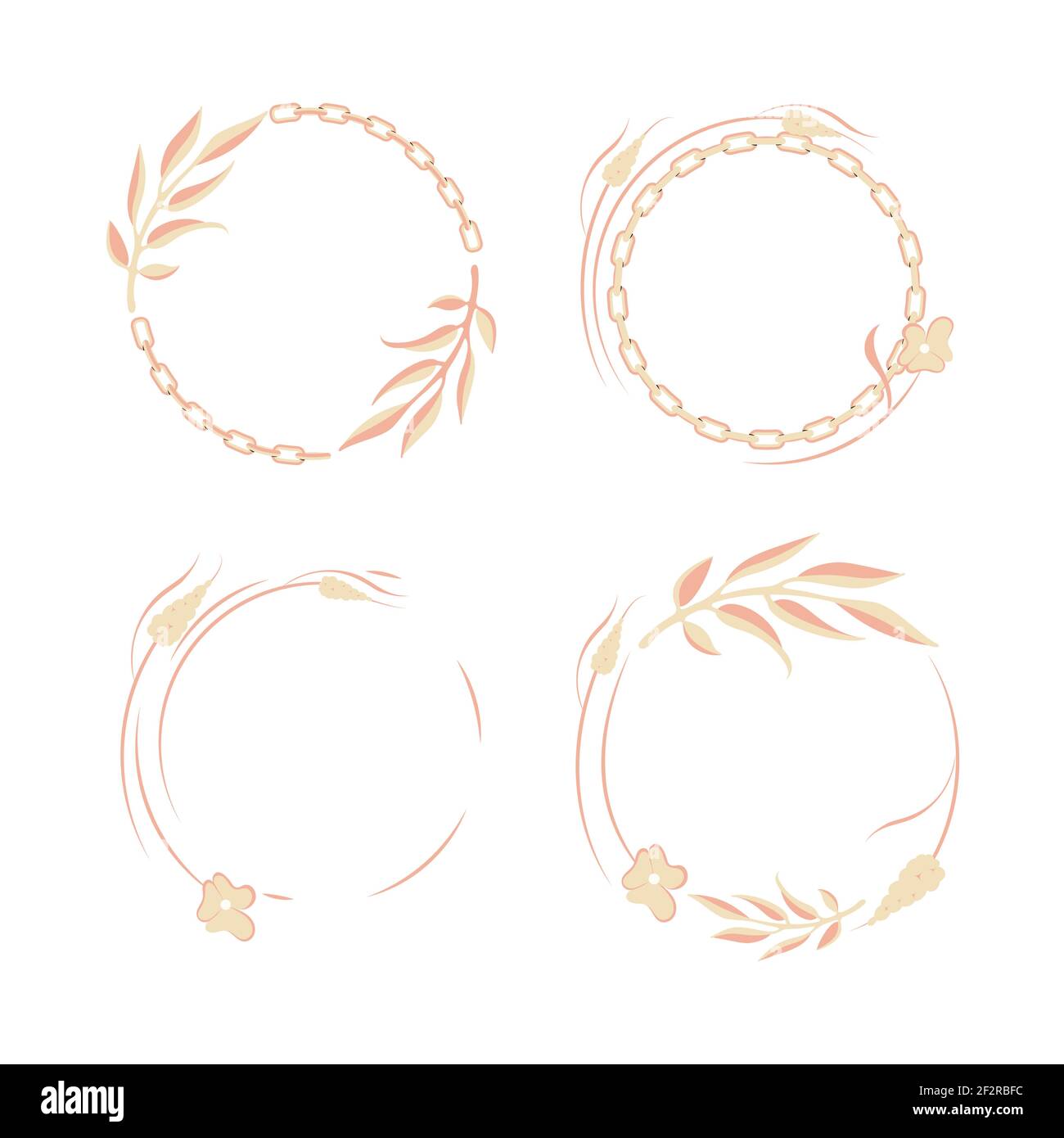 Set von Blumen Blätter runden Rahmen mit Goldkette. Nahtlose Kranz Kreisform. Kranz florales Design, Textrahmen. vektor-Illustration isoliert Stock Vektor