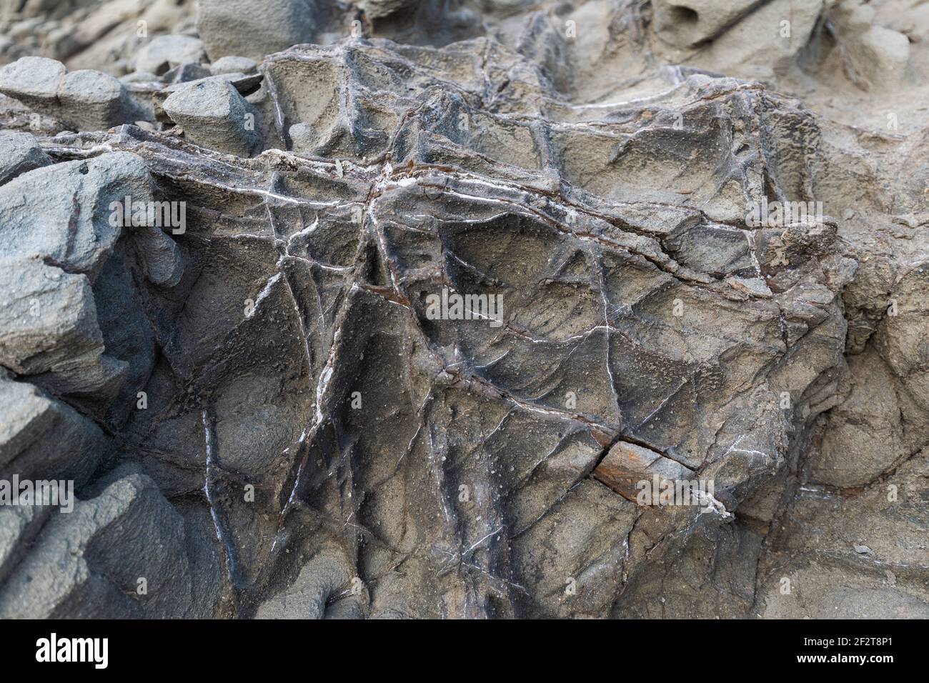 Natürliche vulkanische Steinstruktur. Gesteinsstruktur mit Metallelementen (selektiver Fokus) Stockfoto