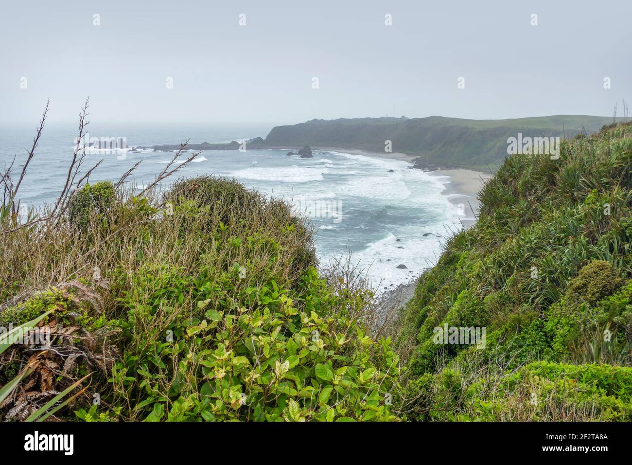 Stürmische Küstenlandschaft am Cape Foulwind in Neuseeland Stockfoto