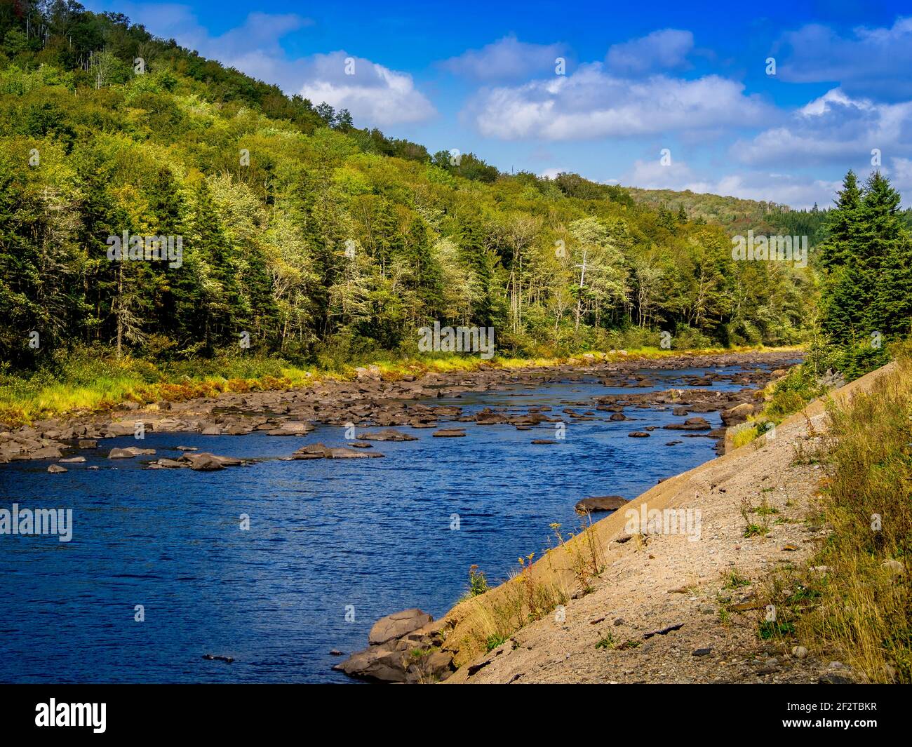 Friedliche Flusslandschaft auf dem Marine Drive in der Nähe von Sherbrooke in Guysborough County, Nova Scotia Stockfoto