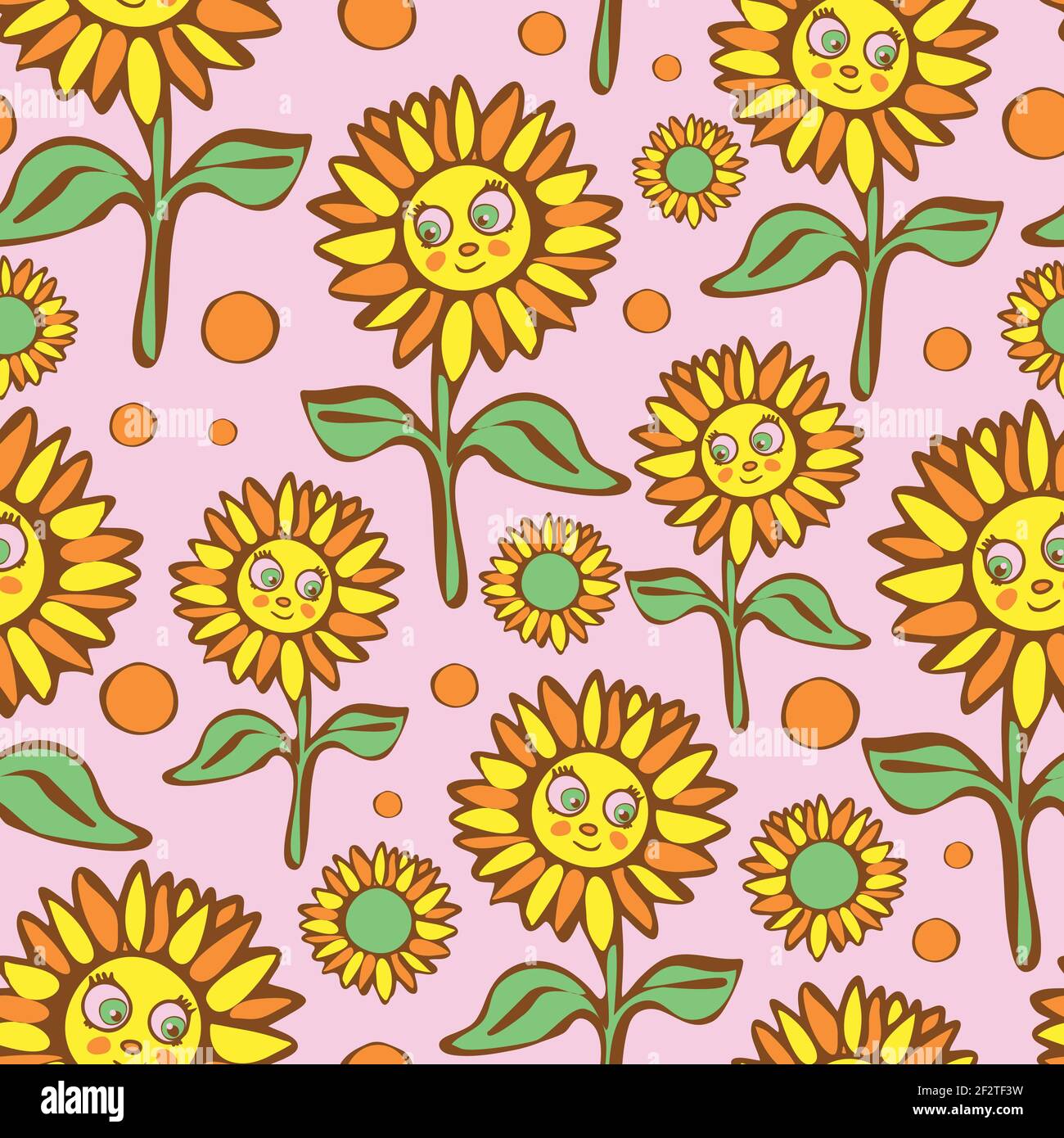 Nahtloses Vektor-Muster mit Sonnenblumen auf rosa Hintergrund. Cartoon floral Smiley Gesicht Wallpaper Design für Kinder. Happy Fashion Textil. Stock Vektor