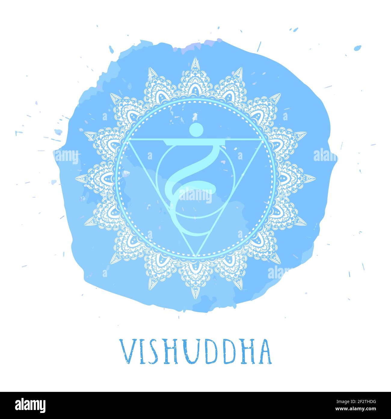 Vektor-Illustration mit Symbol Vishuddha - Kehlchakra und Aquarell-Element auf weißem Hintergrund. Kreis-Mandala-Muster und handgezeichnete Schriftzüge. Stock Vektor