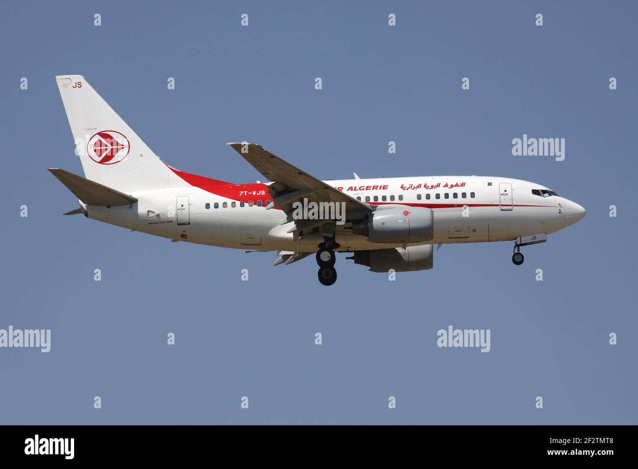 Air Algerie Boeing 737-600 mit Registrierung 7T-VJS im Finale für Start- und Landebahn 07R des Frankfurter Flughafens. Stockfoto
