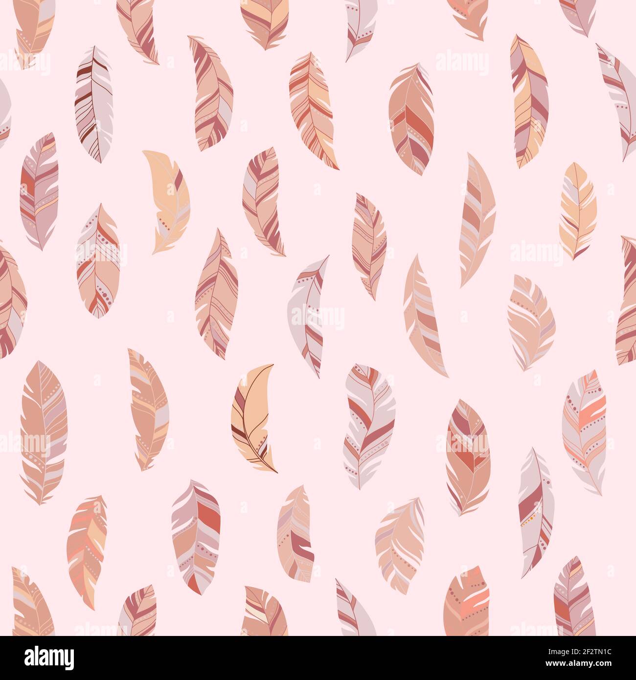 Niedliches rosa Boho-Nahtloses Muster mit Federn. Sommer-Hintergrund in Pastellfarben. Papier, Druck, Stoff, Textildesign. Vektorgrafik. Stock Vektor