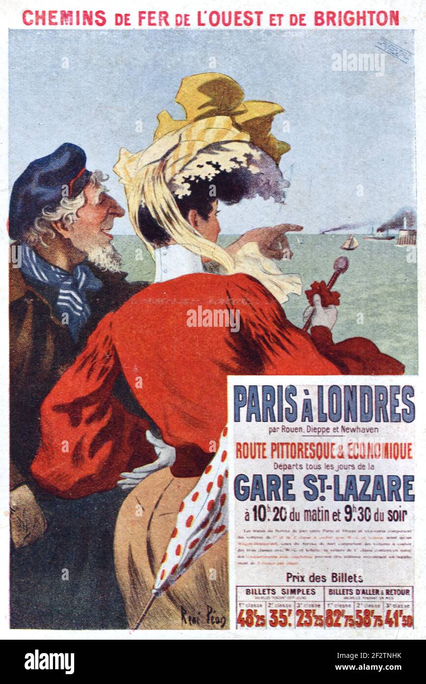 Vintage-Werbung für den Zug von Paris nach London vom Bahnhof Saint Lazare in Paris über die Kanalfähre über den Ärmelkanal und Brighton. Vintage-Illustration. Stockfoto