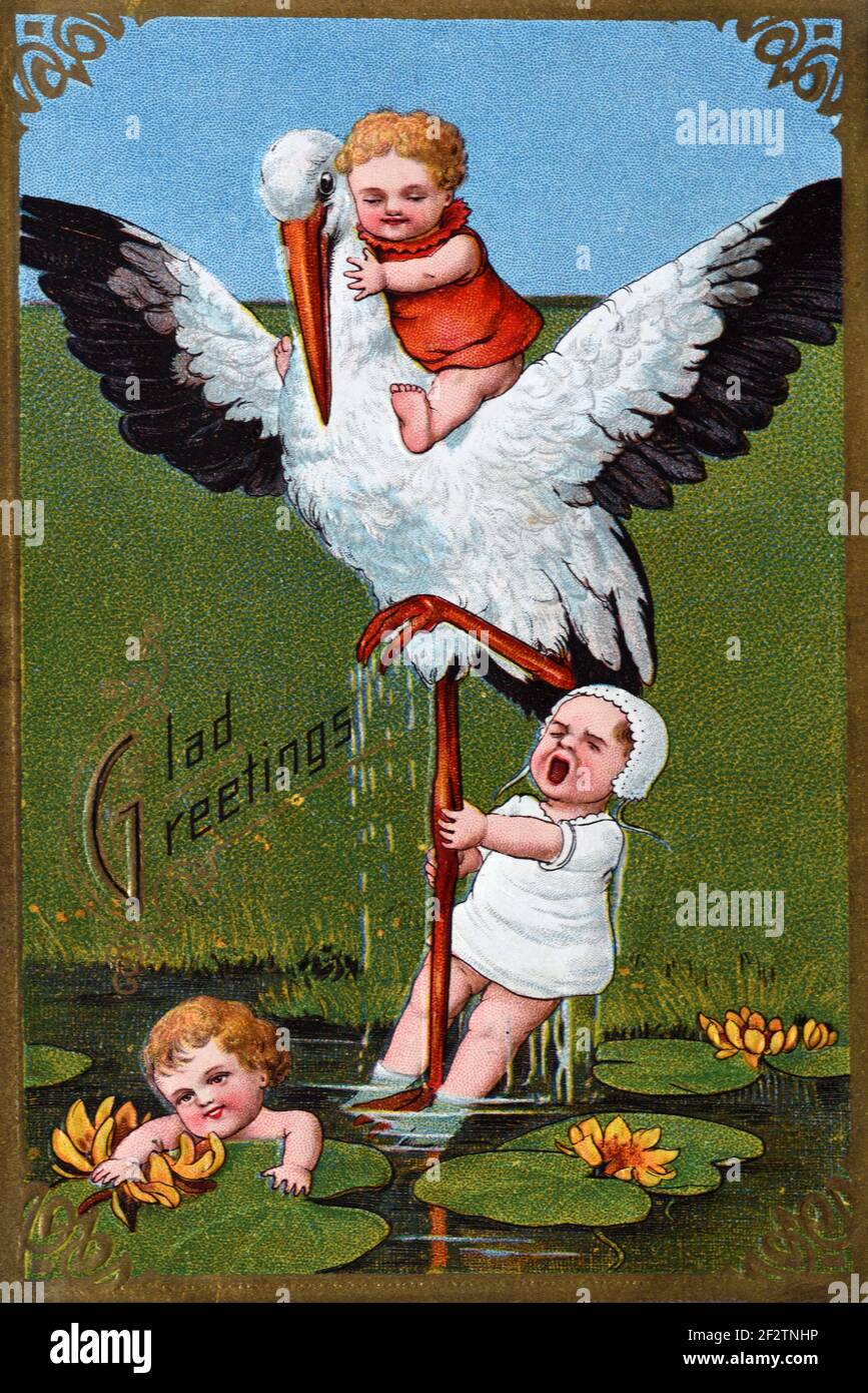 1930s Fantasy Illustration von menschlichen Babys, die auf dem Rücken eines weißen Storchs reiten, Ciconia ciconia, mit Seerosen im Teich des Feuchtlandes Stockfoto
