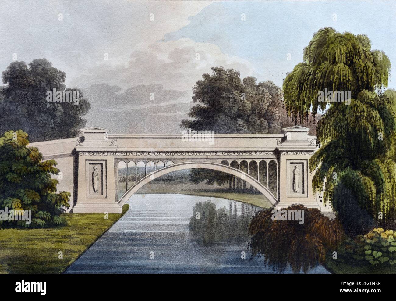 Neoklassische Brücke oder klassische Brücke über den See auf englischem Landgut (1827) Vintage Architectural Drawing, Aquatint or Engraving von James Thomson (1827) Stockfoto