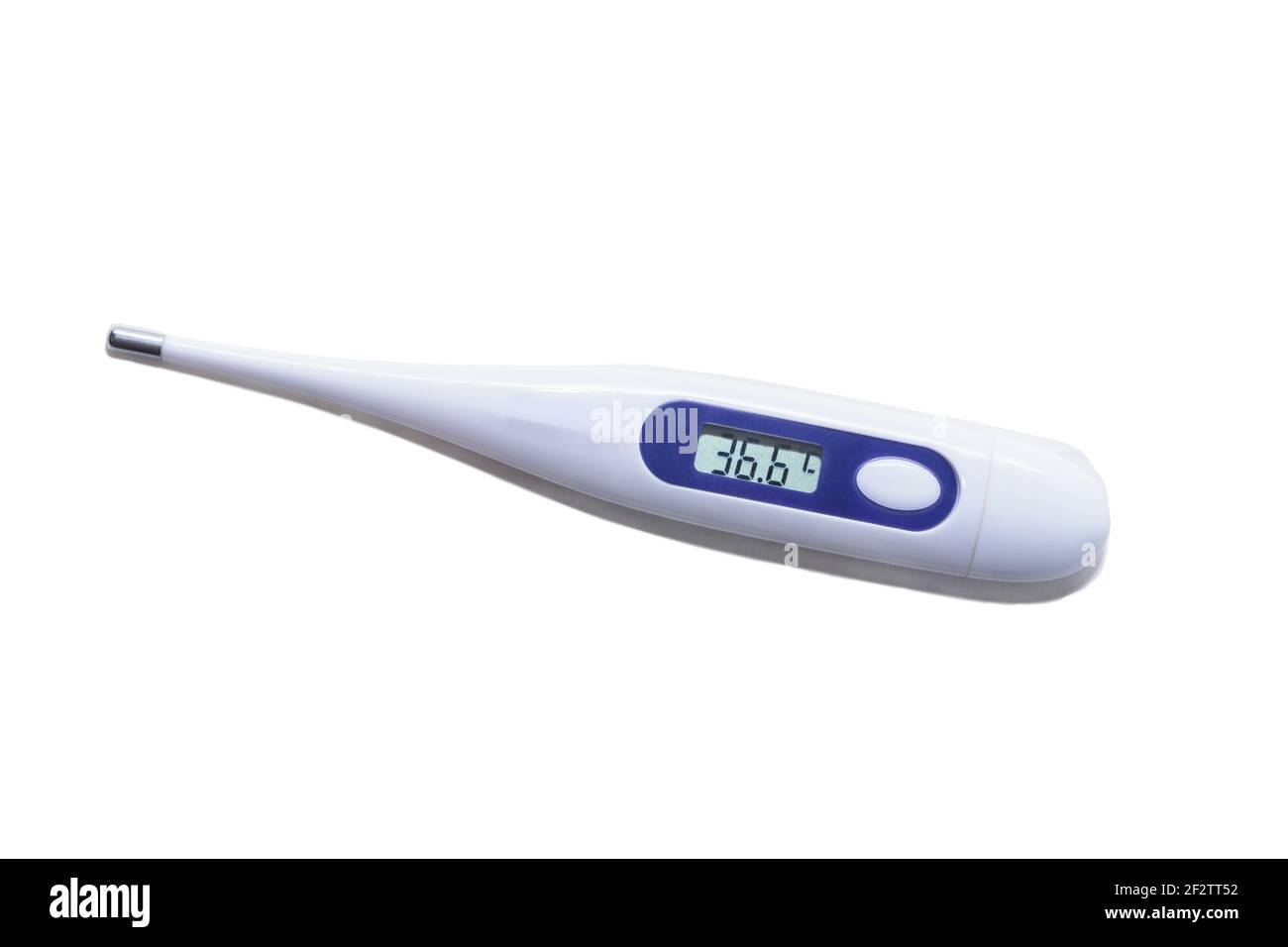 Elektronisches Thermometer mit normaler Körpertemperatur auf dem Display. Gesundheitskonzept. Isoliert auf weißem Hintergrund. Stockfoto