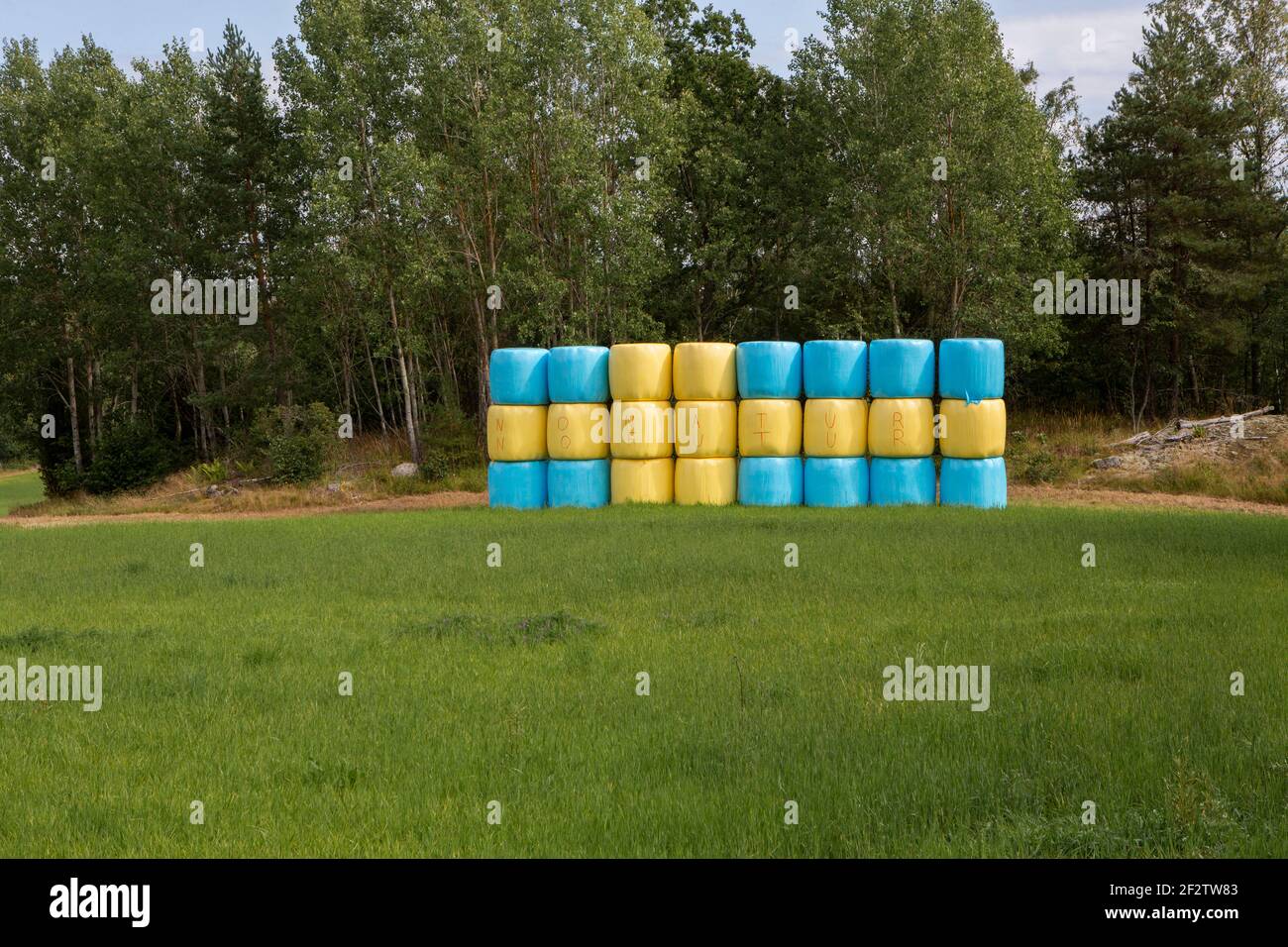 Silage in Form der schwedischen Flagge mit dem Text "No nature, No futur", Schweden. Stockfoto