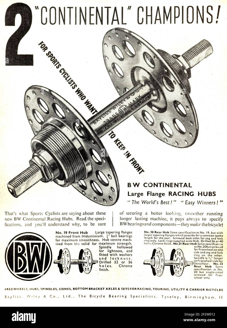 Werbung für britische BW Continental Radnaben im Jahr 1955. Stockfoto