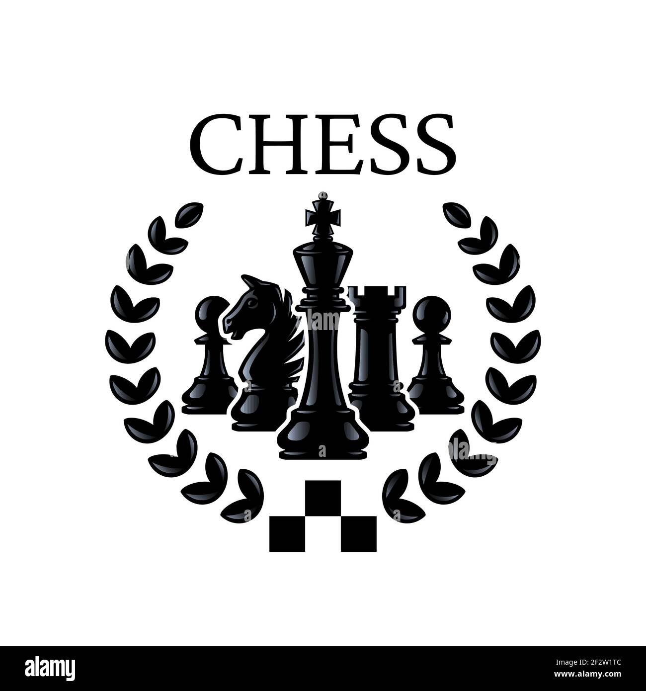 Go-Emblem. Schachfiguren König, Ritter, Rook, Bauern mit Kranz. Silhouetten von Schachfiguren. Vektorgrafik isoliert auf Weiß. Stock Vektor