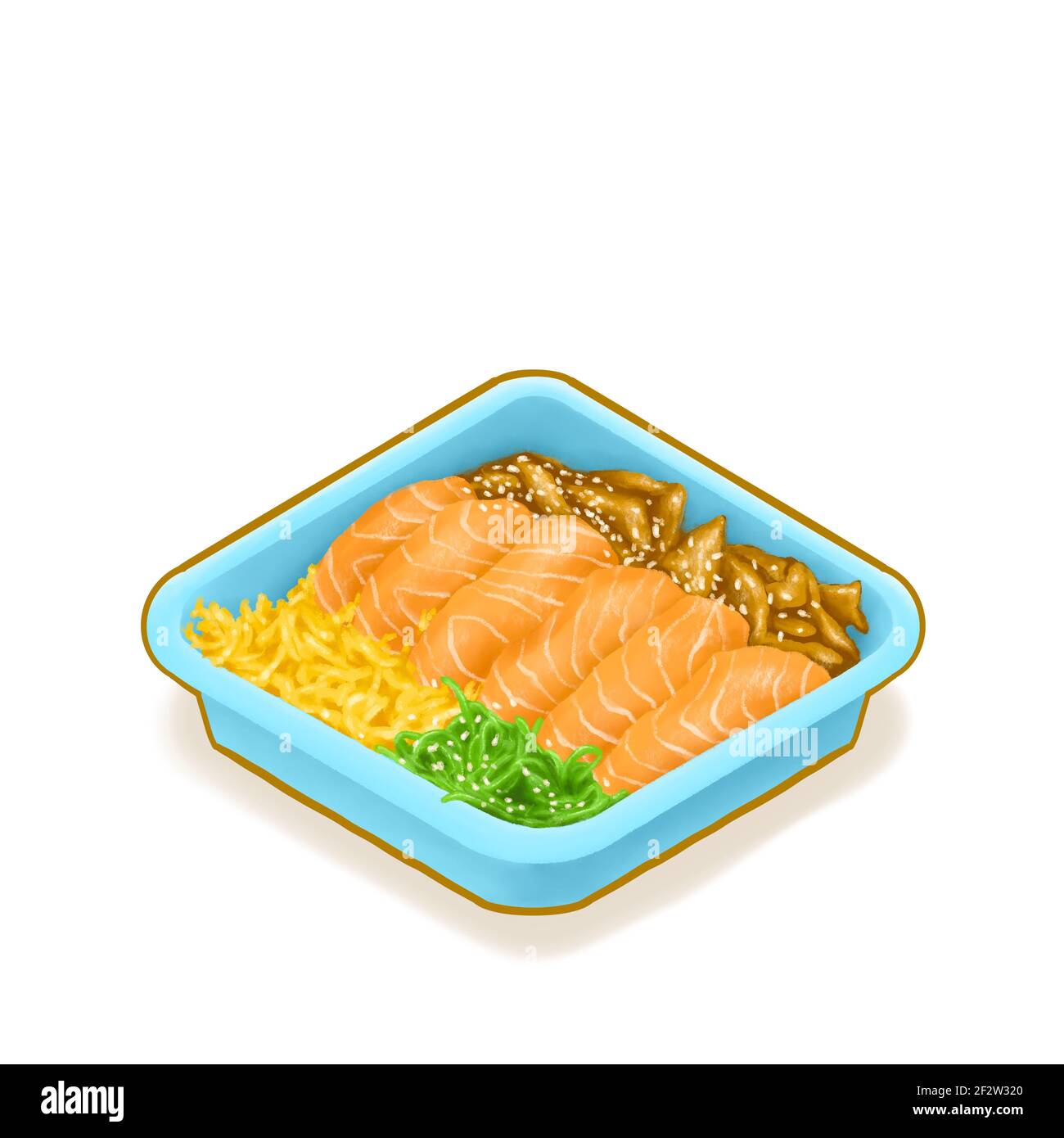 Japanischer Lachs don (donburi), ein digitales Gemälde von Lachs Sashimi  Reis Schüssel in blauen Tablett Paket isometrische Cartoon Icon Raster 3D  Illustration auf wh Stockfotografie - Alamy