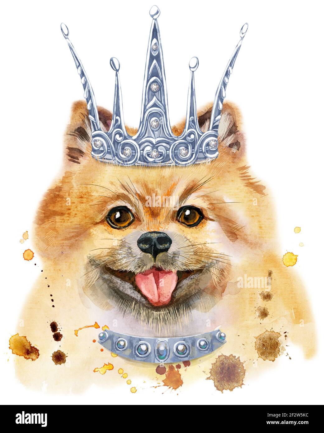 Niedlicher Hund mit silberner Krone. Hund T-Shirt Grafiken. Aquarell pommern spitz Illustration Stockfoto