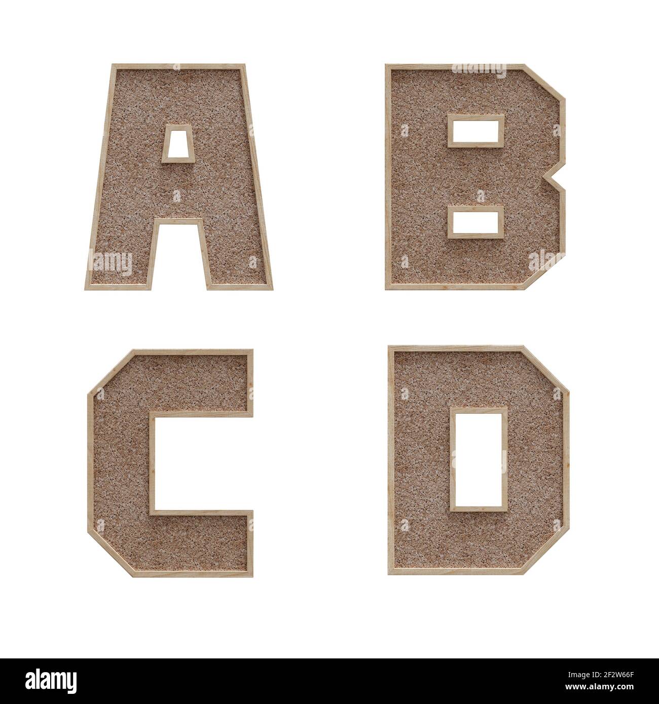3D Rendering von Korkboard Stil Großbuchstaben Alphabet - Buchstaben A-D Stockfoto