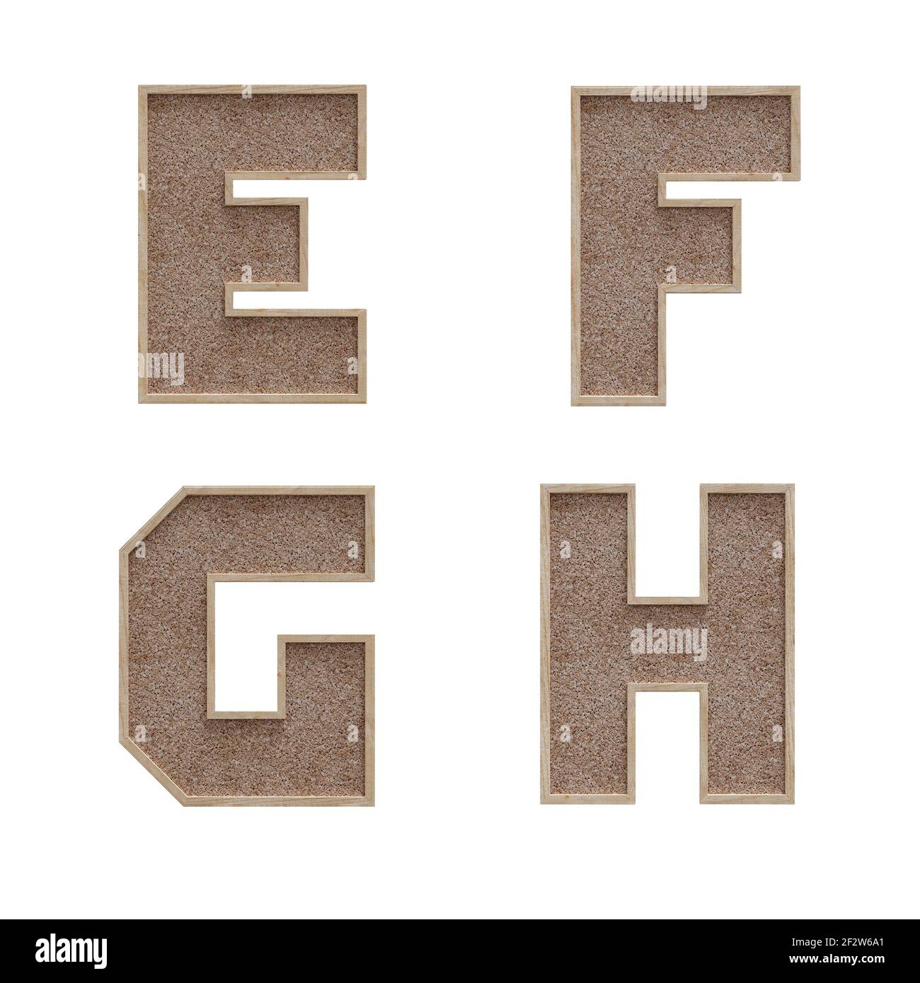 3D Rendering von Korkboard Stil Großbuchstaben Alphabet - Buchstaben E-H Stockfoto
