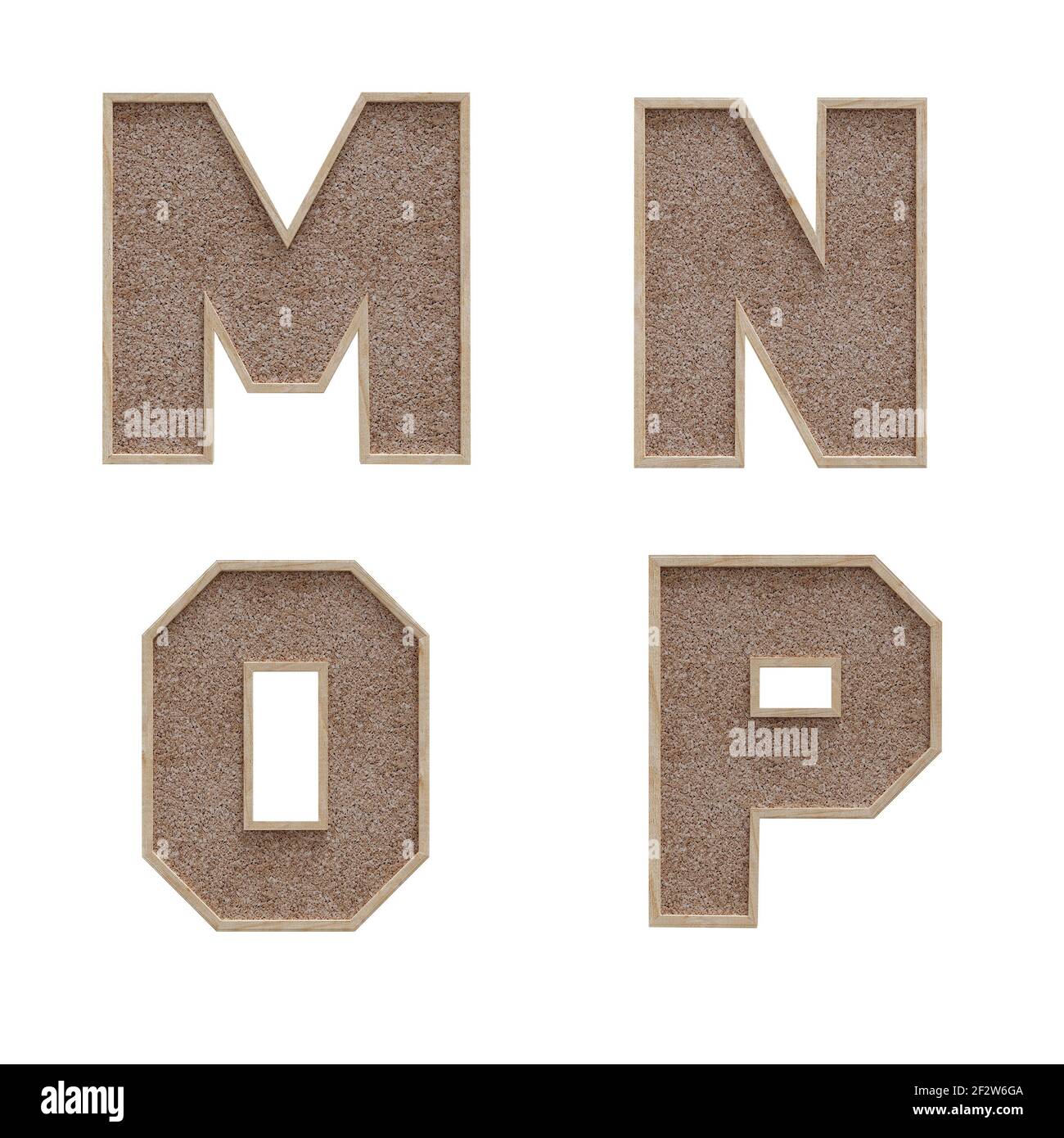3D Rendering von Korkboard Stil Großbuchstaben Alphabet - Buchstaben M-P Stockfoto