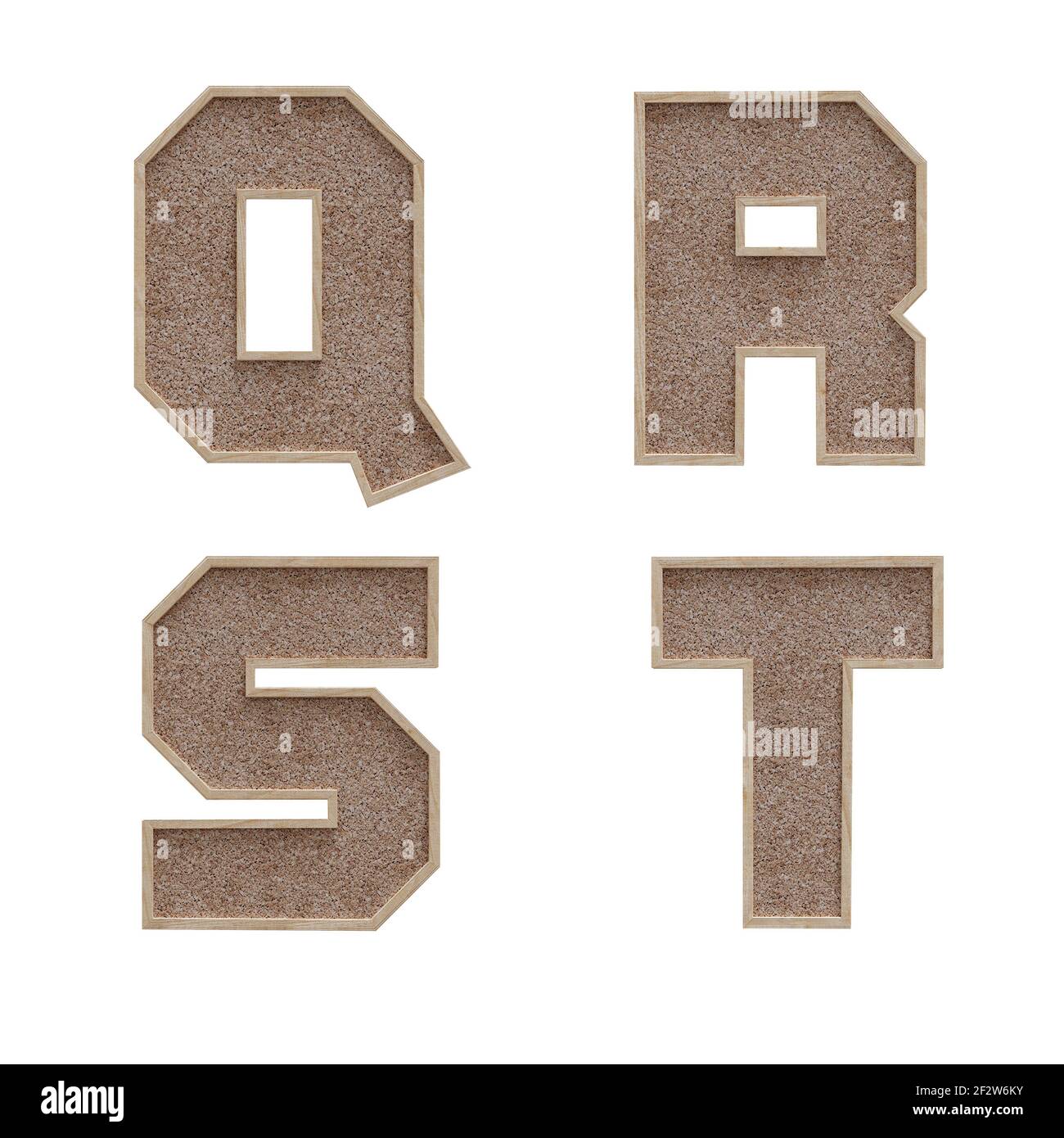 3D Rendering von Korkboard Stil Großbuchstaben Alphabet - Buchstaben Q-T Stockfoto