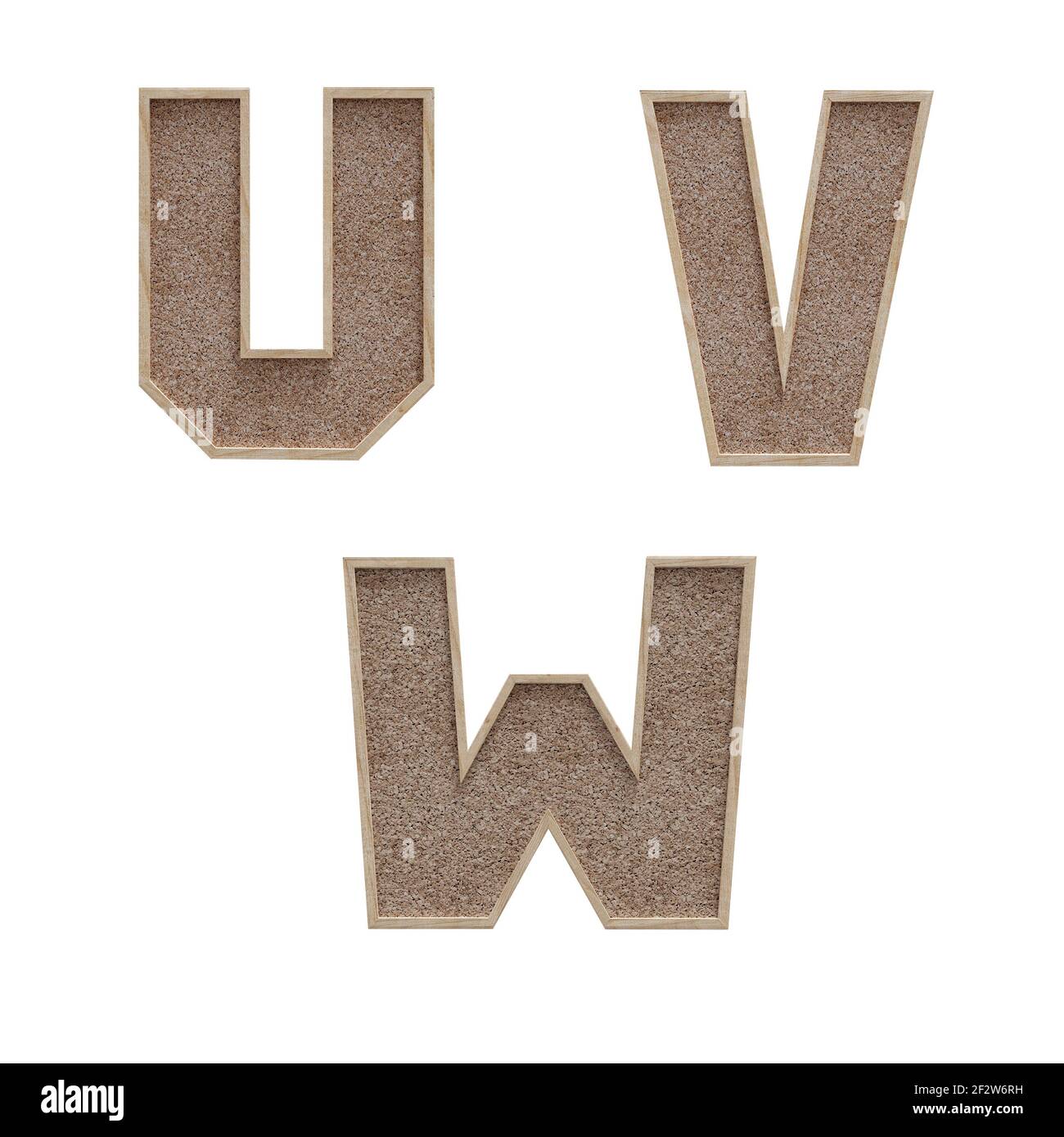 3D Rendering von Korkboard Stil Großbuchstaben Alphabet - Buchstaben U-W Stockfoto