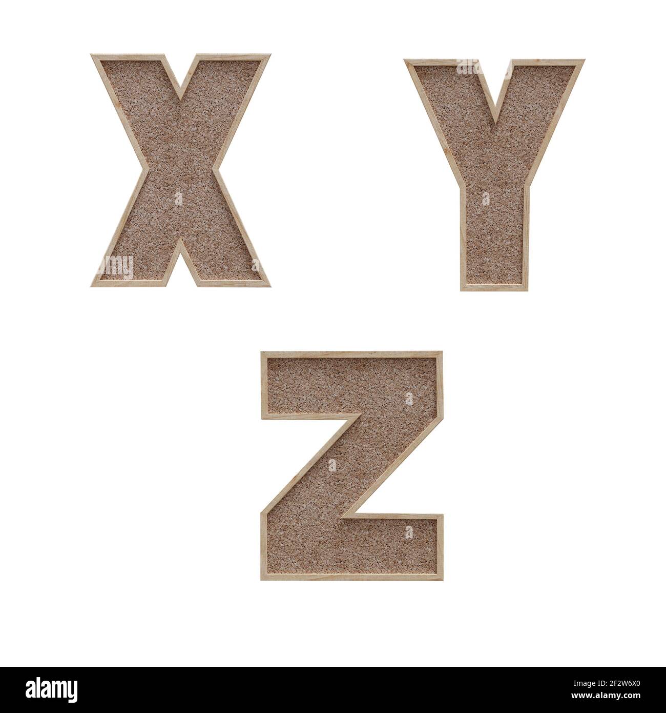 3D Rendering von Korkboard Stil Großbuchstaben Alphabet - Buchstaben X-Z Stockfoto