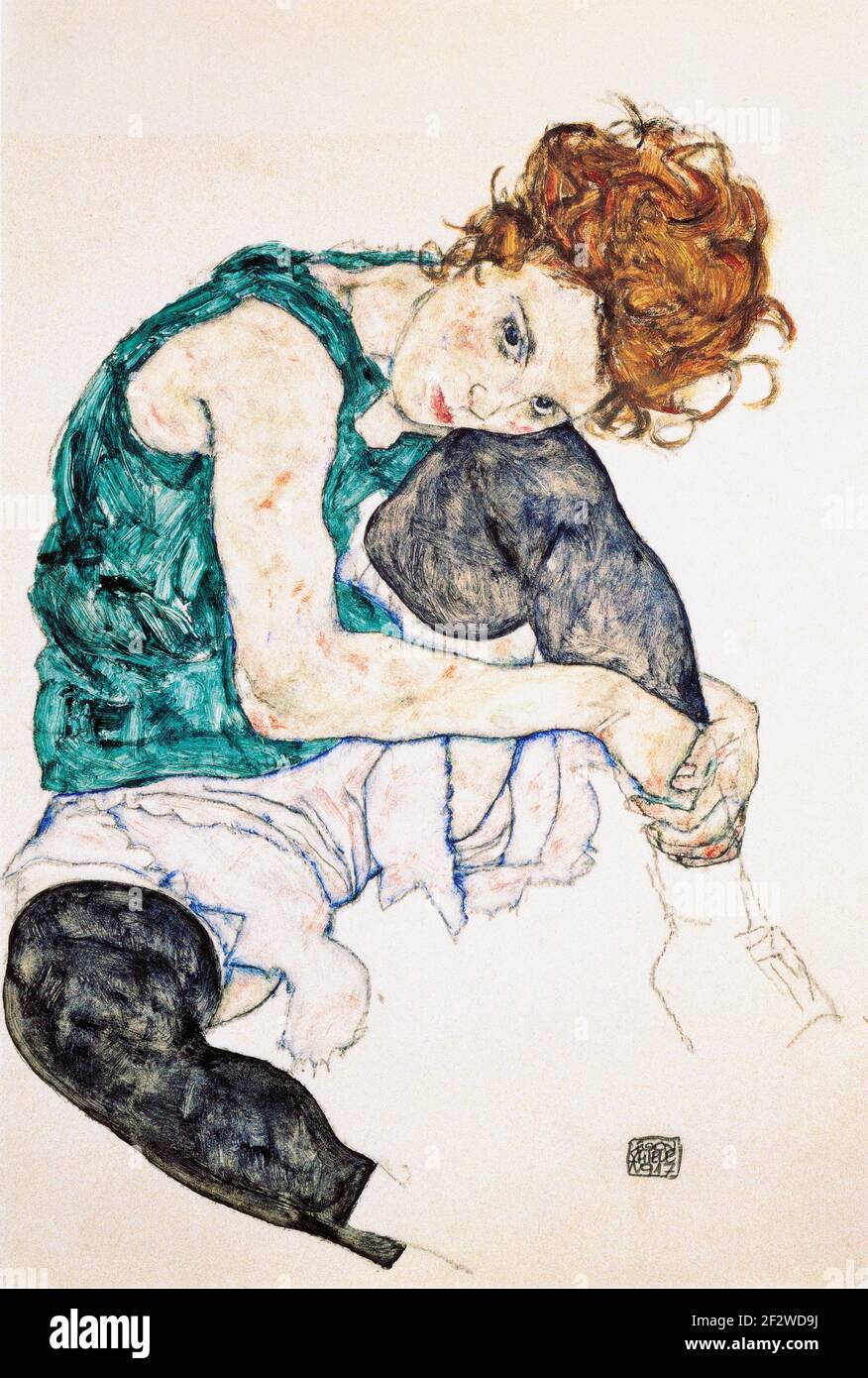 Schiele. Gemälde mit dem Titel „sitzende Frau mit gebeugten Knien“ von Egon Schiele, Gouache auf Papier, 1917 Stockfoto