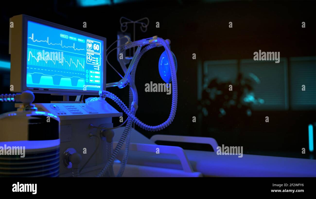 Intensivstation Beatmungsgerät in der Klinik in der Nacht, Medizin 3D Illustration Stockfoto