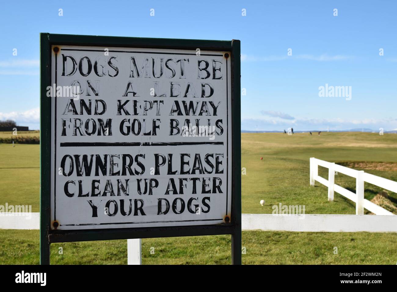 Authentisches Schild auf dem Golfplatz für Hundebesitzer - Hunde an der Leine und weg von Golfbällen, aufräumen nach Hunden. Verschwommener Golfplatz Hintergrund. Stockfoto