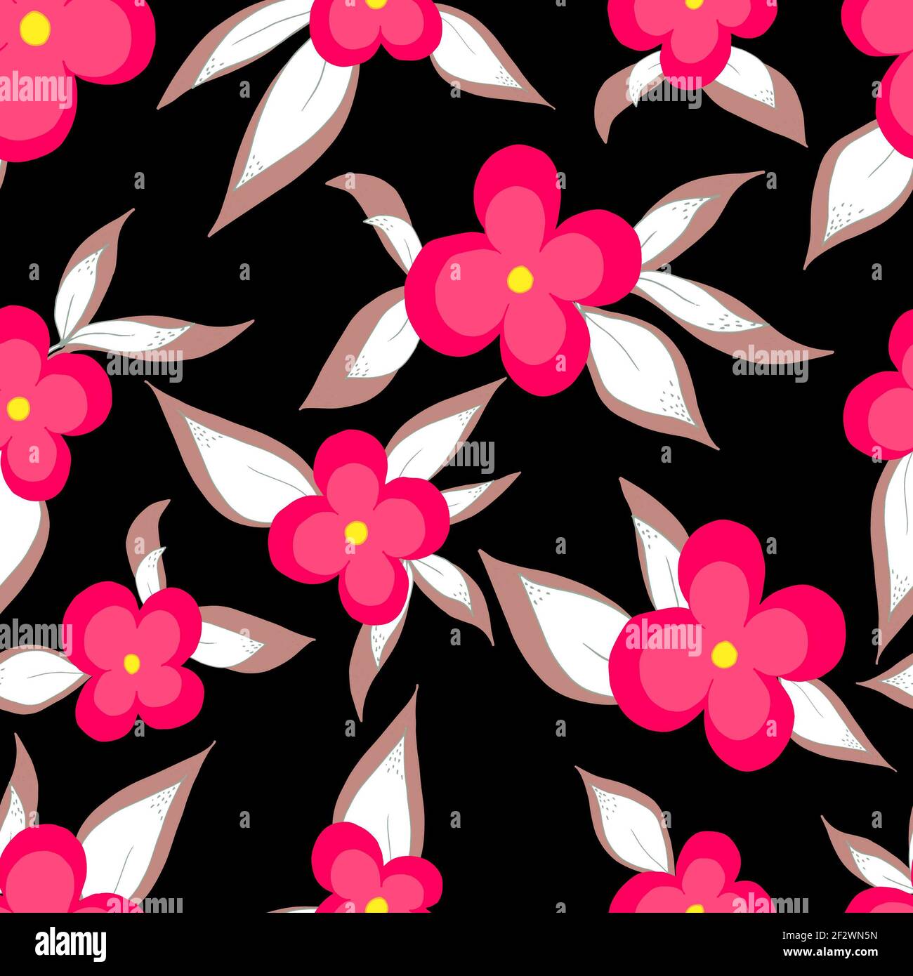 Nahtlose Muster Blumen mit Blättern.Botanische Illustration für Hintergrund, Tapete, Textil, Stoff, Kleidung, Papier, Postkarten. Stockfoto