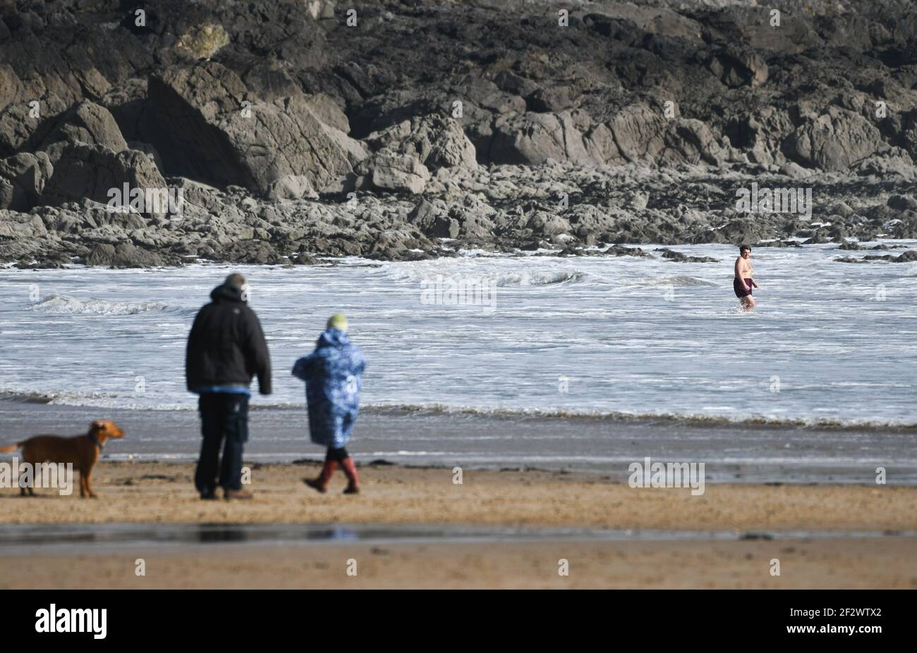 13th. März 2021, Swansea, Wales. Ein Mann geht alleine in die kühle See in Langland Bay in Swansea, an einem kalten Nachmittag in South Wales, da die Temperaturen in ganz Großbritannien niedrig bleiben, mit Regen und starken Winden, die Teile des Landes über das Wochenende. Stockfoto