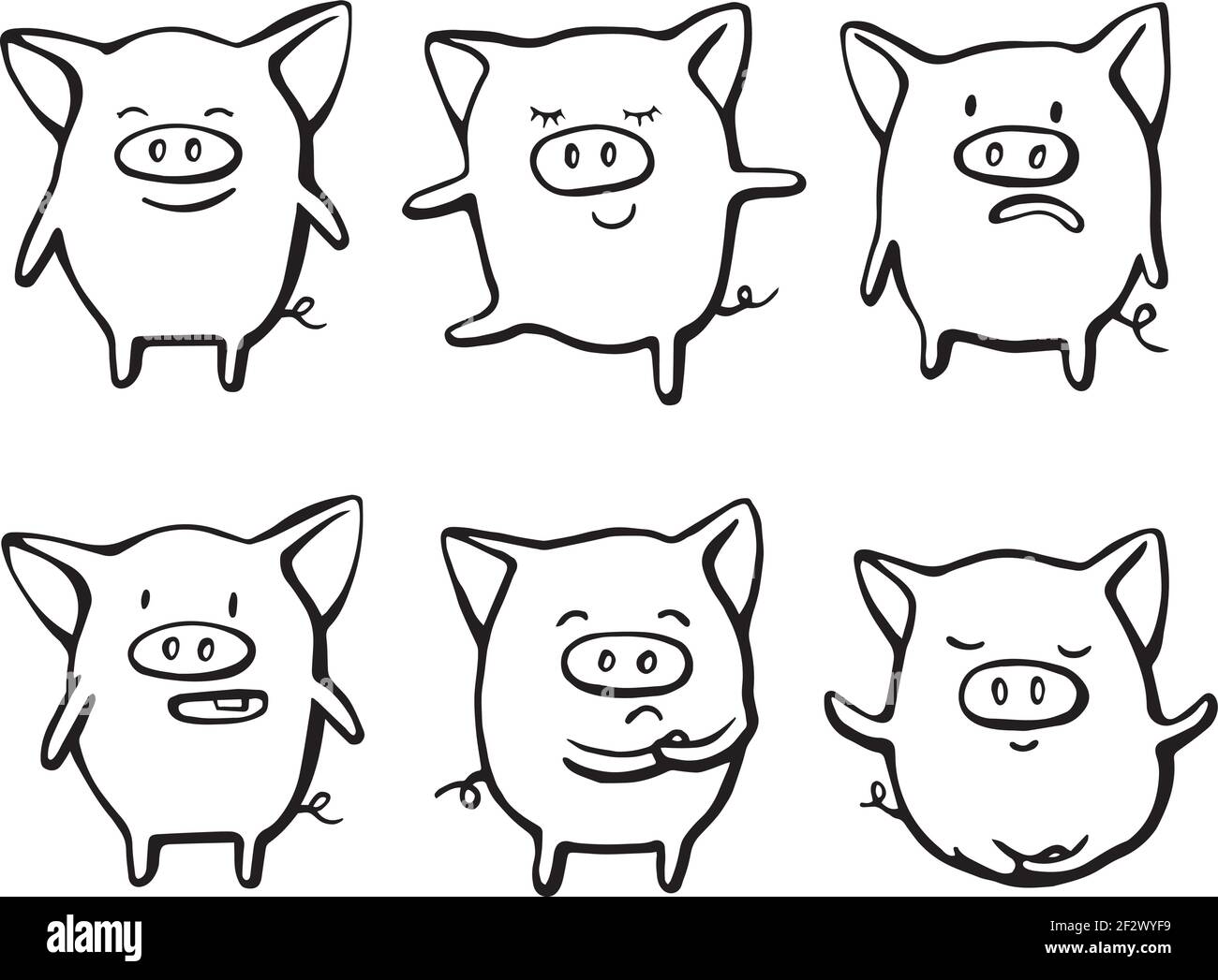 Sammlung von lustigen Schwein emoticon Zeichen in verschiedenen Emotionen. Vektorset handgezeichnete Illustration. Weihnachtskarte, Poster, T-Shirt Komposition Stock Vektor