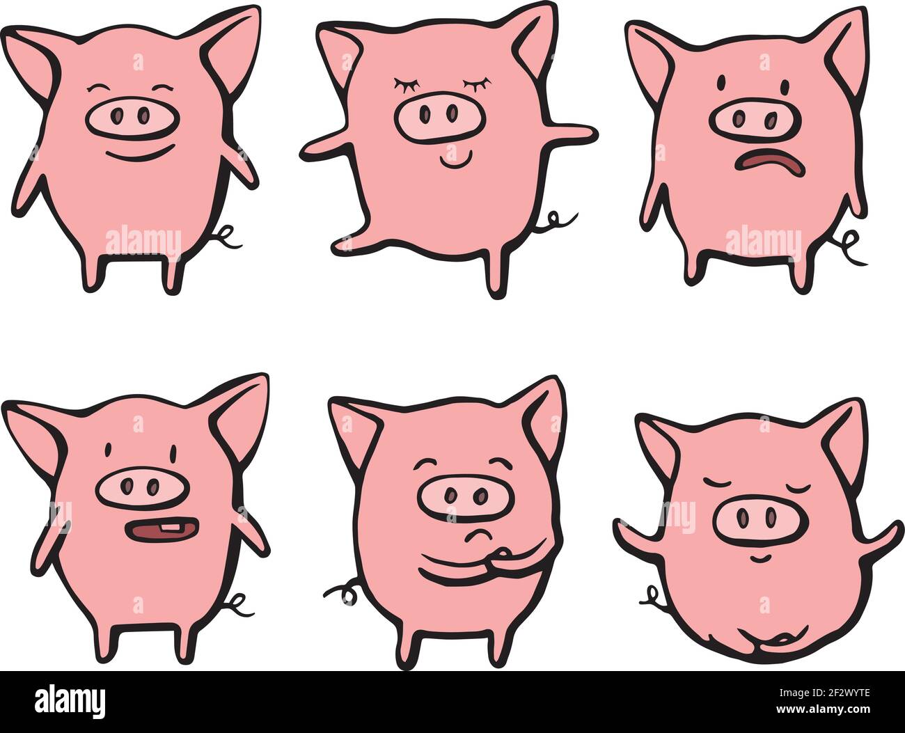 Sammlung von lustigen Schwein emoticon Zeichen in verschiedenen Emotionen. Vektorset handgezeichnete Illustration. Weihnachtskarte, Poster, T-Shirt Komposition Stock Vektor