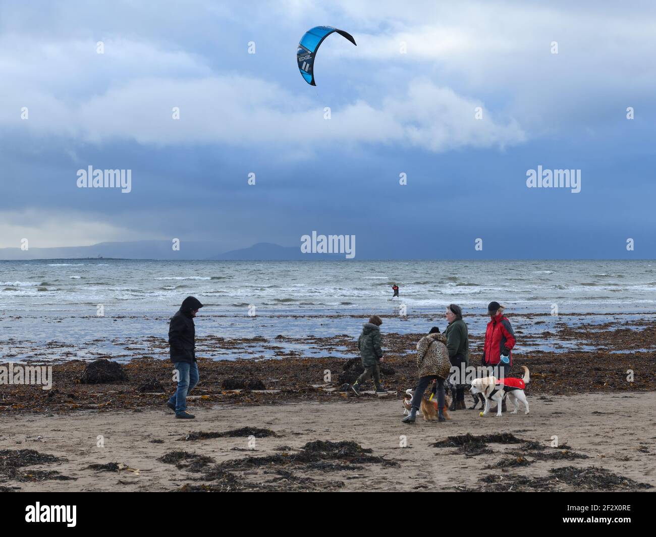 Troon, Ayrshire, Schottland, Großbritannien. 13th, März 2021. Ein Kitesurfer bereitet sich darauf vor, die Vorteile eines starken Küstenwinds am Strand von Troon zu nutzen, da sich dunkle Regenwolken schnell über dem Strand bewegen. Kredit. Alamy Live Nachrichten/ Douglas Carr Stockfoto