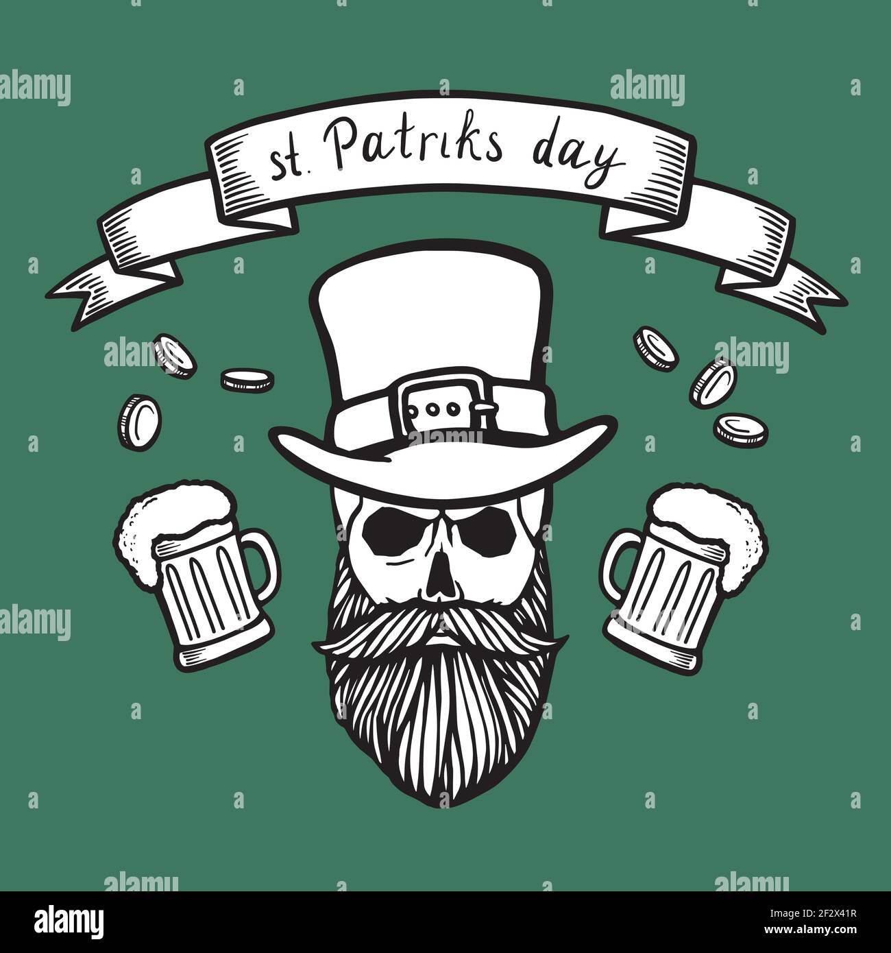 Handgezeichneter irischer Totenkopf mit Hut, Schnurrbart und Bart und Klee. Leprechaum mit Pfeife und Wolke. St. patrick. Vektor. Logo, Emblem. Isoliert auf grün Stock Vektor