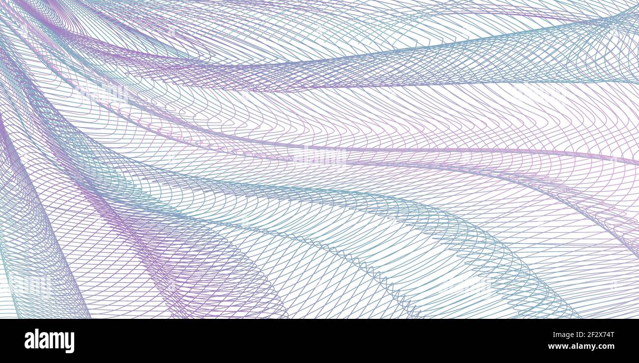 Türkisfarbenes, violettes Faltennetz, drapiertes Textil. Linienkunst Muster, abstraktes Design. Verwickelte dünne Linien, farbige Kurven. Vektor gestreift Hintergrund. EPS10 Stock Vektor