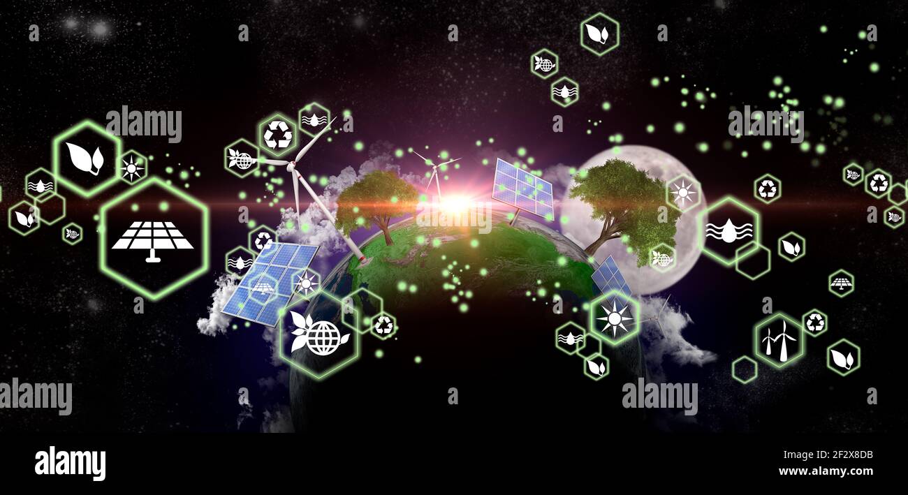 Planet Erde als umweltfreundliches, ökologisches und erneuerbares Energieweltkonzept. Öko-Konzept, Ökologie, saubere Energie und Umwelt. Elemente dieses Bildfells Stockfoto