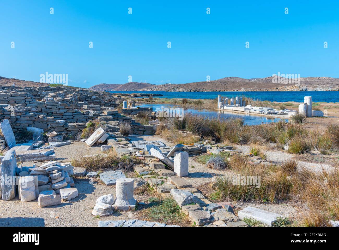 Alte Ruinen auf Delos Insel in Griechenland Stockfoto