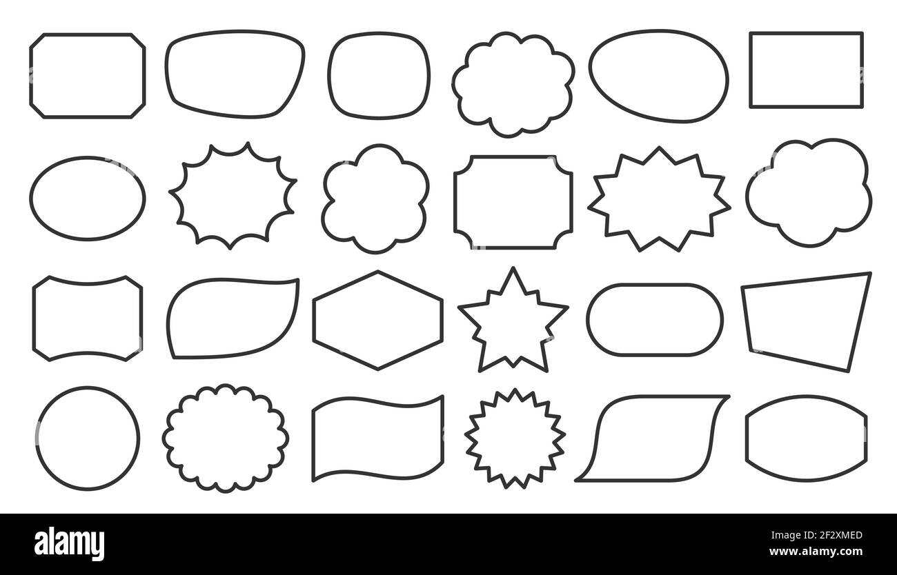 Geometrische Formen schwarze Linie Symbol gesetzt. Skizzieren Cartoon abstrakte leere Vorlage für Sprechblase, Nachricht Ballon, Text Note Box, Preisschild, Papier Speicher Aufkleber, Denken Sie an Cloud-Rahmen, Webbanner, Abzeichen Stock Vektor