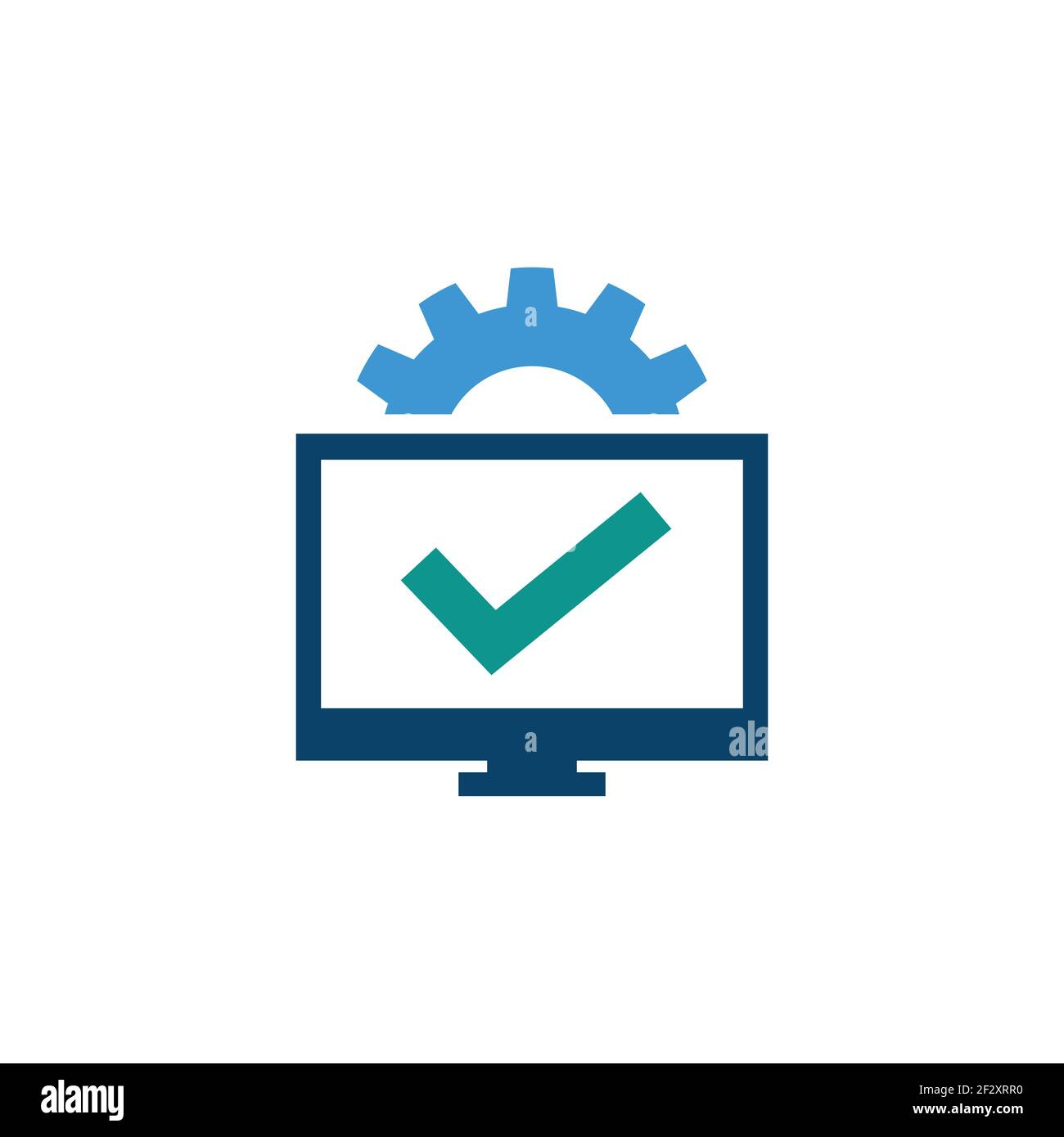 Computer Check Technologie Logo Design Vektor. Markieren Sie das Markensymbol auf dem Computermonitor mit der Vorlage für das Logo „Zahnradsymbol“ oder „Zahnradsymbol“ Stock Vektor