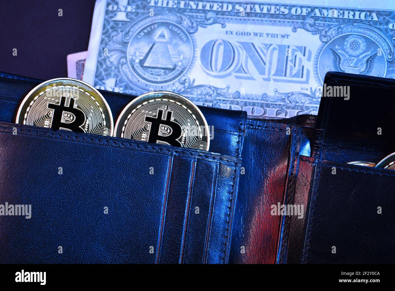 Schwarze Leder Geldbörse Dollar Scheine und Bitcoins isoliert auf schwarz Hintergrund Stockfoto