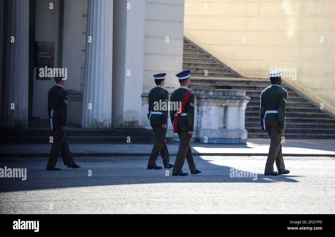 London, Großbritannien. März 2021, 09th. Militärangehörige der Fußwächter-Bataillone sahen die Ausbildung in den Wellington Barracks in London. Kredit: SOPA Images Limited/Alamy Live Nachrichten Stockfoto