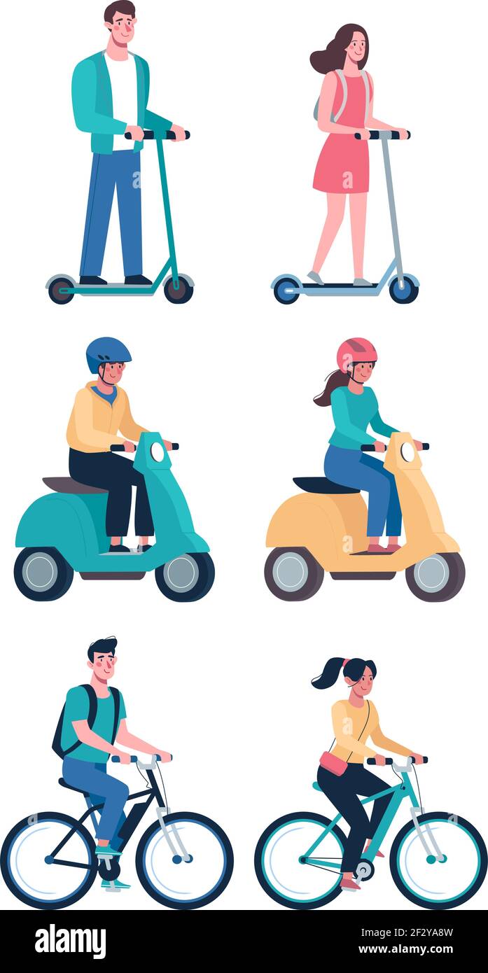 Menschen fahren moderne Elektro-Scooter, Fahrräder, Mopeds. Umweltfreundliche Alternative Fahrzeuge Set. Vector im flachen Stil, Jungen und Mädchen. Stock Vektor