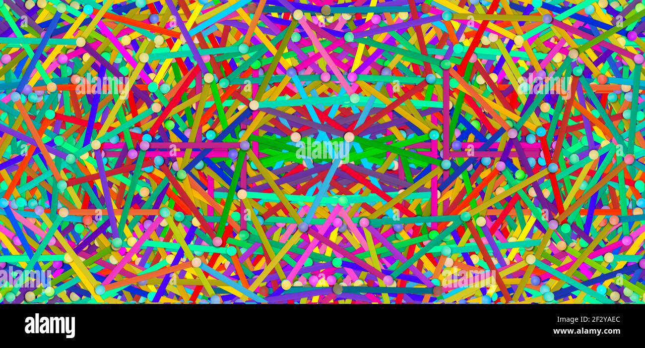 Patter abstrakte Farben durch Linien und Pins. Komplizierte Verbindung. Verknüpfte Linien durch Pin. Farbige Linienmuster Stockfoto