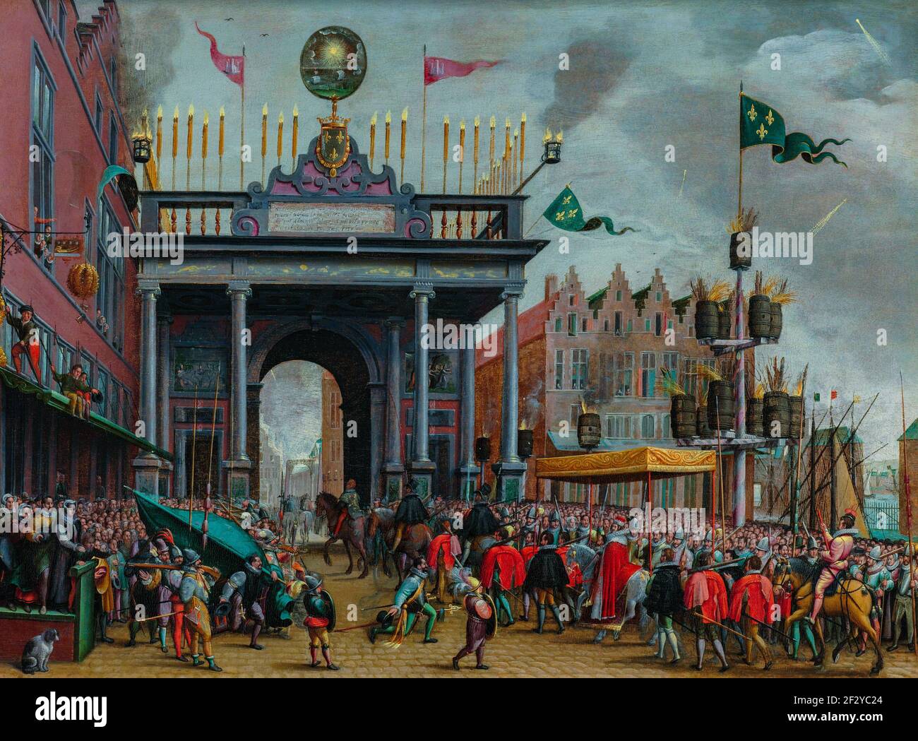 Freudiges Einkommen des französischen Herzogs von Anjou (1556-1584) in Antwerpen, mit dem Ehrentor auf der St. Jansbrug, 19. Februar 1582. Ölgemälde eines Colos Stockfoto