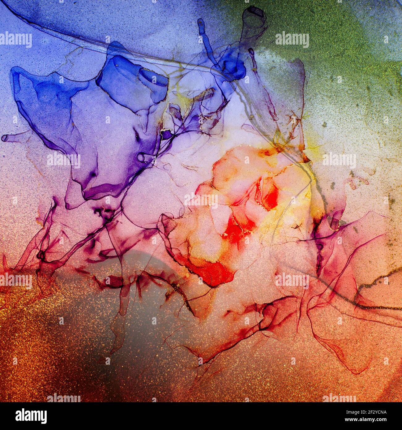 Himmelfarbe, weiße und goldene Streifen. Frostige Hintergrundpunkte. Mischen von Acrylfarben. Moderne Kunst. Marmorstruktur. Alkoholtinte Farben transluzent Stockfoto