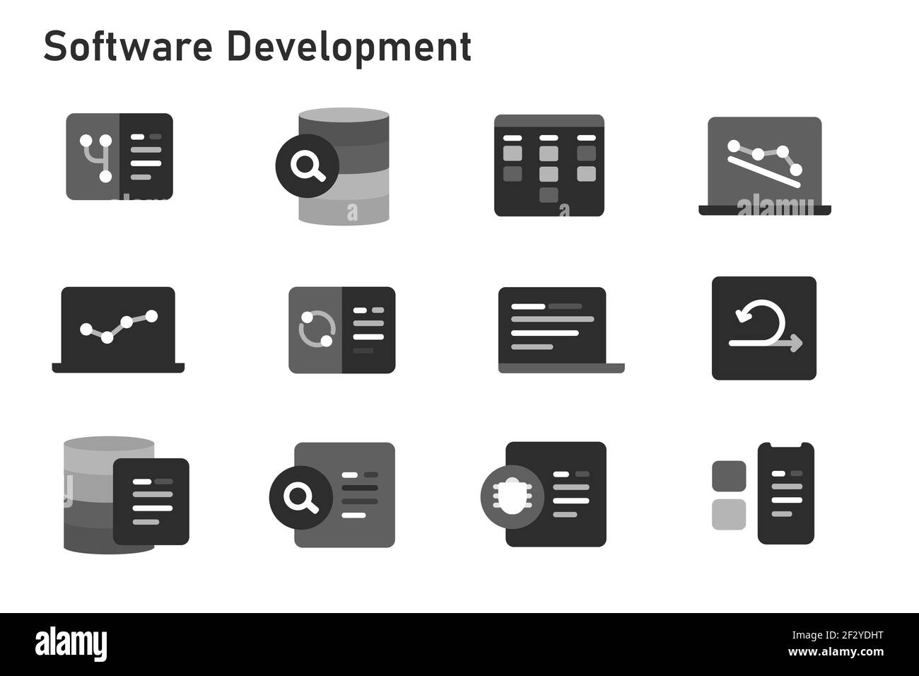 Agile Methodologie Software Entwicklung Icon Set Sammlung von Code-Programmierung Mit Sprint Kanban Board und Burn down Chart schwarze Version Stock Vektor